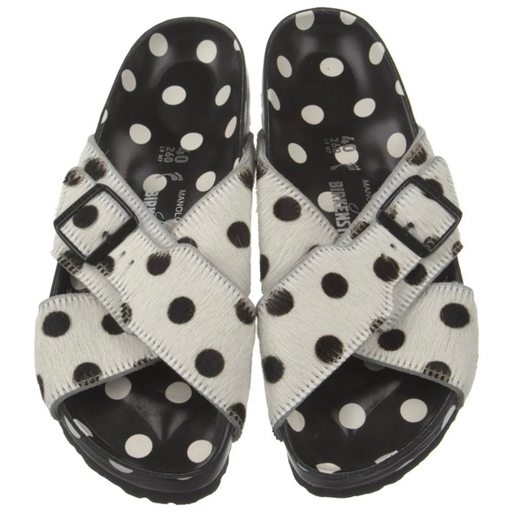 Birkenstock Shoes - Birkenstock x Manolo Blahnik White and Black Polka Dot Cross-Strap Sandal 9
